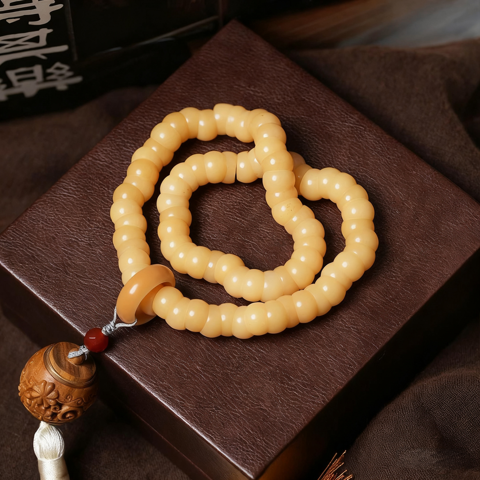 Complete Set: White Jade Bodhi Bracelet and Wooden Sachet on Fabric