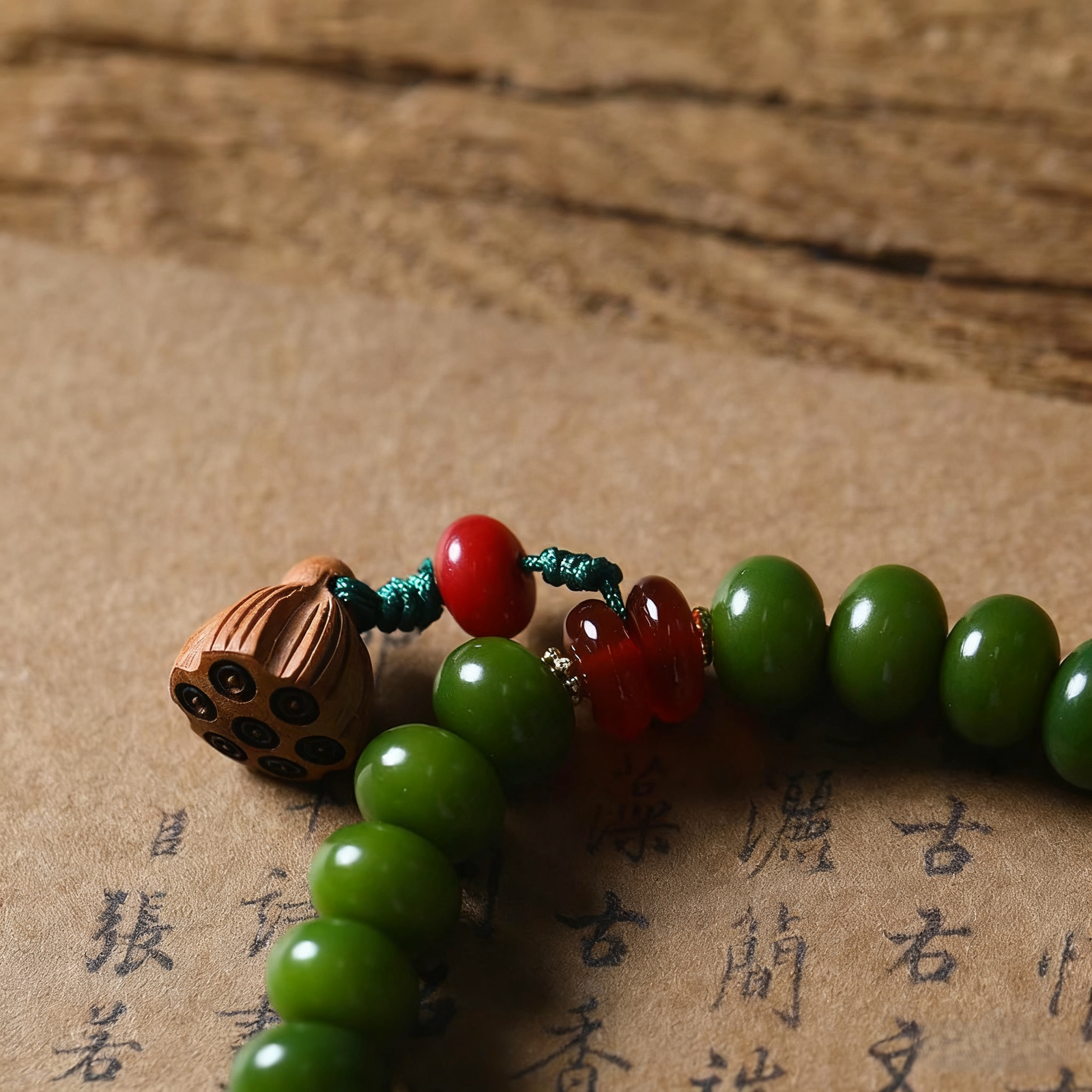 10mm Bodhi Bead Bracelet with Lotus Pendant on Ancient Text