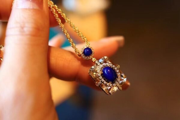 Natural lapis lazuli pendant, white crystal square necklace, S925 silver gold plated jewelry, handmade vintage necklace, luxury statement jewelry, hypoallergenic silver necklace, adjustable chain design, royal blue gemstone pendant, artisan crafted jewelry, versatile daily wear necklace, ethical sourcing, bohemian chic accessory, holistic wellness jewelry, cultural inspired elegance, affordable luxury, unique gift for her, modern classic style, special occasion jewelry, sustainable materials, timeless elegance.