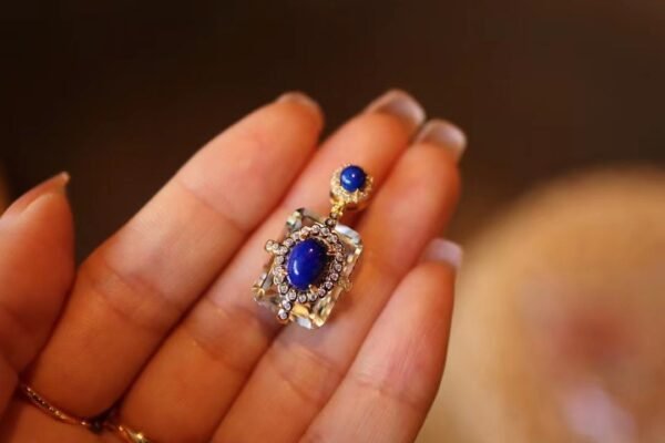 Natural lapis lazuli pendant, white crystal square necklace, S925 silver gold plated jewelry, handmade vintage necklace, luxury statement jewelry, hypoallergenic silver necklace, adjustable chain design, royal blue gemstone pendant, artisan crafted jewelry, versatile daily wear necklace, ethical sourcing, bohemian chic accessory, holistic wellness jewelry, cultural inspired elegance, affordable luxury, unique gift for her, modern classic style, special occasion jewelry, sustainable materials, timeless elegance.