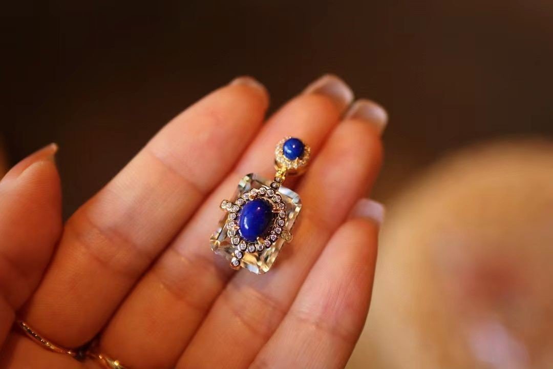 Natural lapis lazuli pendant, white crystal square necklace, S925 silver gold plated jewelry, handmade vintage necklace, luxury statement jewelry, hypoallergenic silver necklace, adjustable chain design, royal blue gemstone pendant, artisan crafted jewelry, versatile daily wear necklace, ethical sourcing, bohemian chic accessory, holistic wellness jewelry, cultural inspired elegance, affordable luxury, unique gift for her, modern classic style, special occasion jewelry, sustainable materials, timeless elegance.
