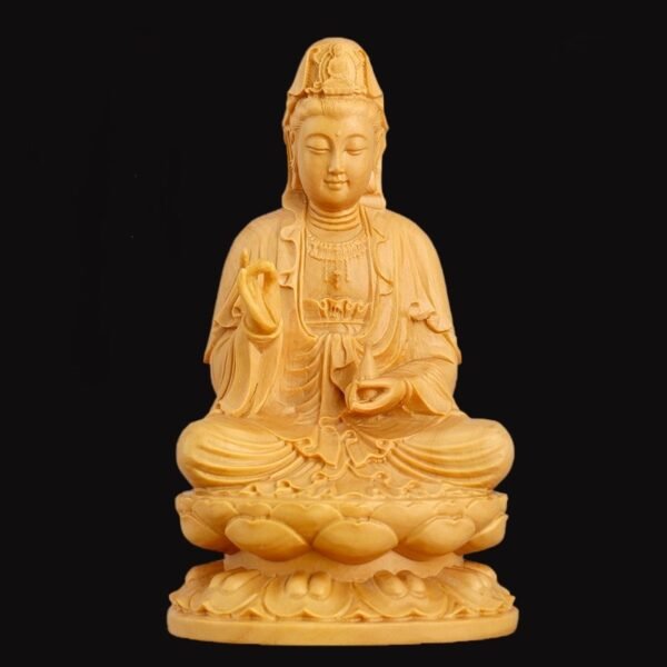 Small-leaved boxwood Guanyin statue, hand-carved Buddhist sculpture, 10cm lotus throne statue, altar meditation statue, traditional wood carving art, Guanyin Bodhisattva idol, eco-friendly spiritual decor, compassionate Bodhisattva statue, Buddhist gift idea, home temple accessory, mindfulness meditation tool, cultural art collection, artisan crafted statue, sustainable wood material, detailed lotus throne, serene expression carving, compact religious statue, spiritual mindfulness gift, Zen inspiration decor, ethical sourcing sculpture.