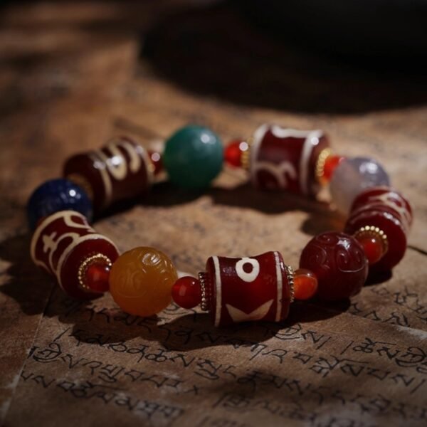 Five-element bracelet, agate dzi bead bracelet, energy balance jewelry, Tibetan blessed bracelet, unisex spiritual bracelet, metal wood water fire earth energies, sacred symbol bracelet, holistic healing jewelry, mindfulness accessory, natural stone bracelet, adjustable spiritual bracelet, multicolor agate beads, protection talisman, meditation bracelet, cultural gift idea, zodiac energy balance, traditional Tibetan jewelry, metaphysical jewelry, daily wellness accessory, meaningful unisex gift.